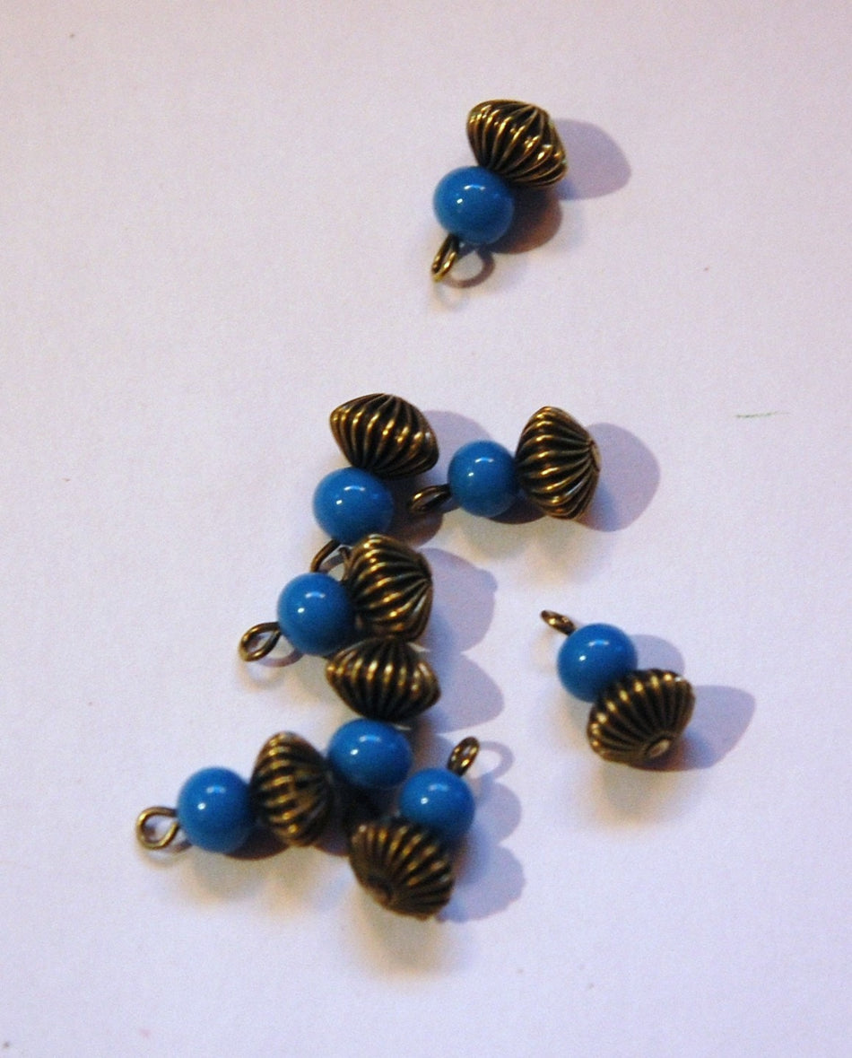 Vintage Blue Glass Bead Pleated Melon Bead Combo Drop drp003A