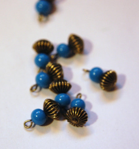 Vintage Blue Glass Bead Pleated Melon Bead Combo Drop drp003A