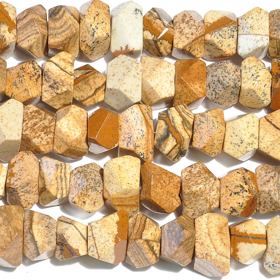 Dakota Stones Picture Jasper 7x12 Faceted Nugget Gemstones. 8" Strand. PJR7x12NUG-F-8