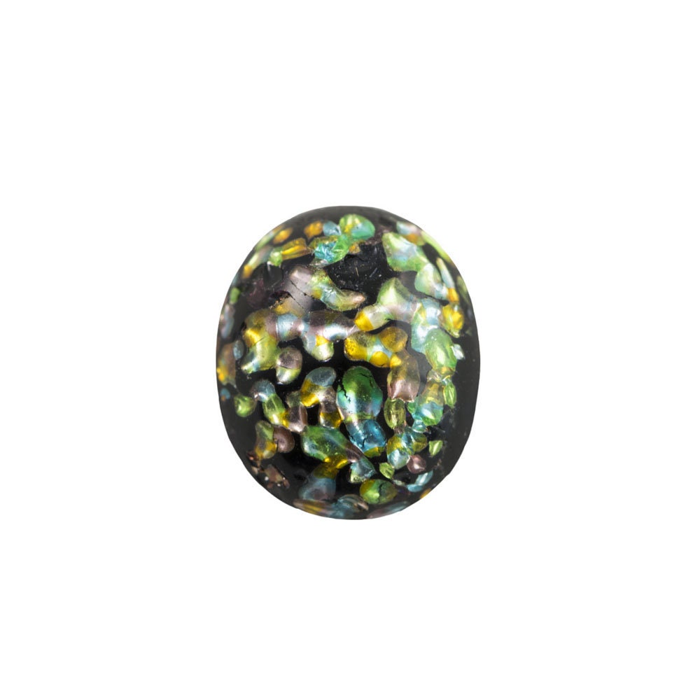 Opaque Black Glass Cabochons with Rainbow Foil Inclusions 10x8mm (6) cab913B