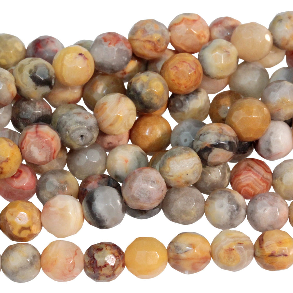 Dakota Stones Faceted Crazy Lace Agate 6mm Round Beads Gemstones. 8" Strand.