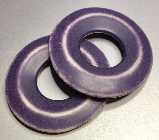 Vintage Acrylic Rubbed Purple and White Hoops Pendants (2) hps062A