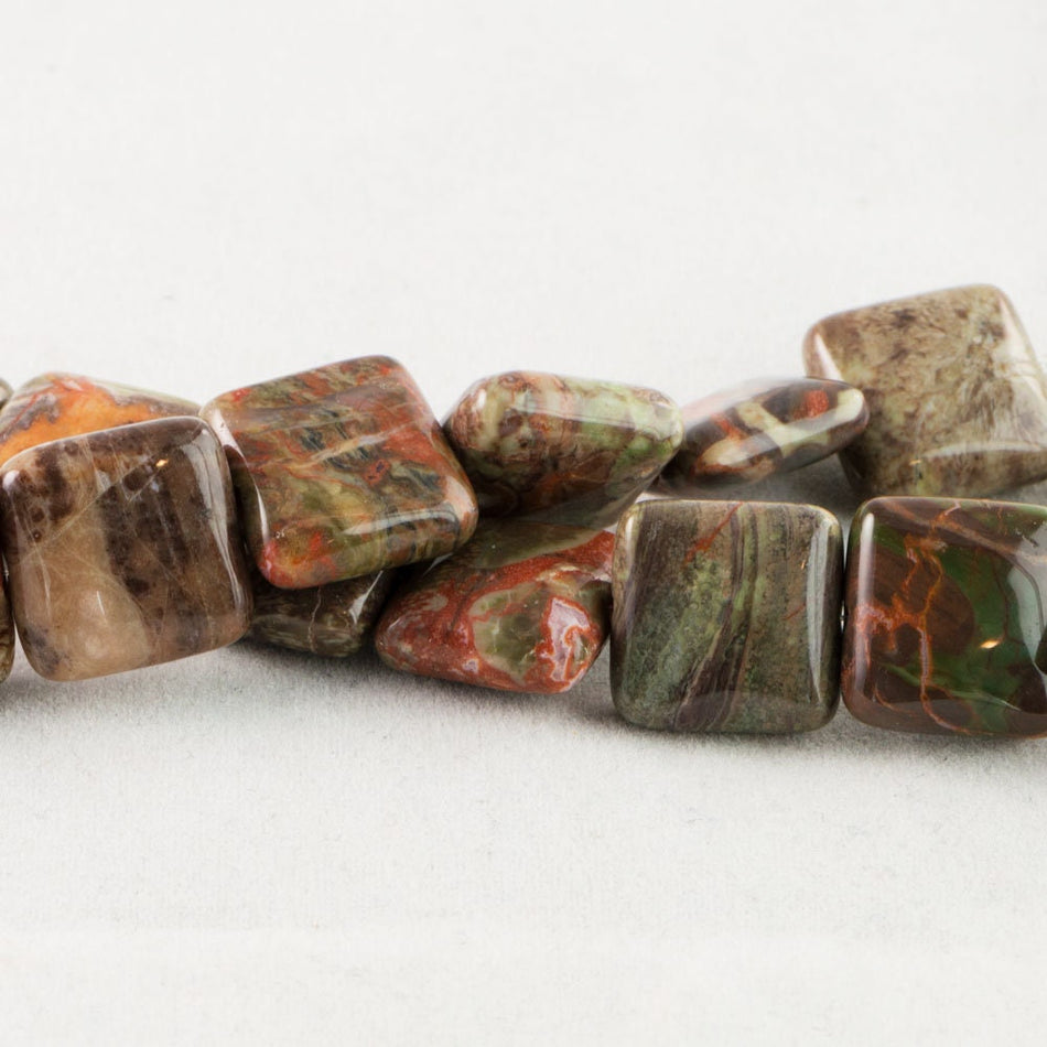 Dakota Stones Peacock Jasper 12mm Square Gemstones. 8" Strand. PEA12SQU-8