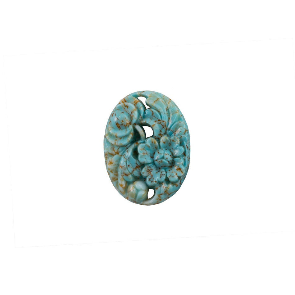 Vintage Turquoise Matrix Etched Floral Glass Cabochon 14x10mm (4) cab6050A