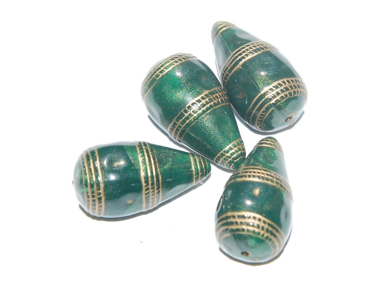 Vintage Style Green with Gold Etching Teardrop Beads bds786A