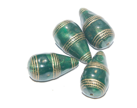 Vintage Style Green with Gold Etching Teardrop Beads bds786A