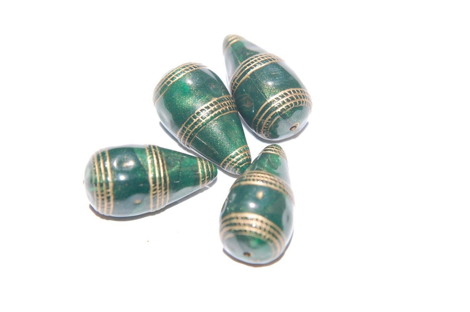 Vintage Style Green with Gold Etching Teardrop Beads bds786A