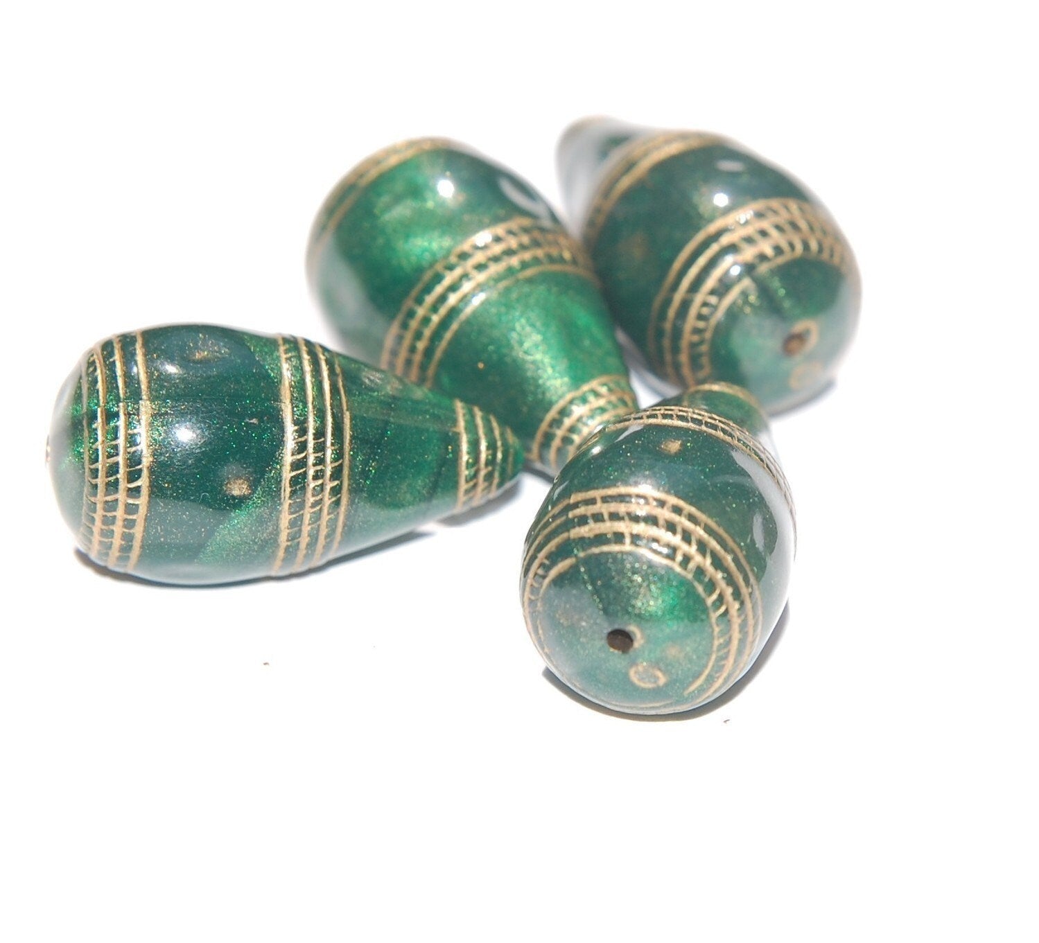 Vintage Style Green with Gold Etching Teardrop Beads bds786A