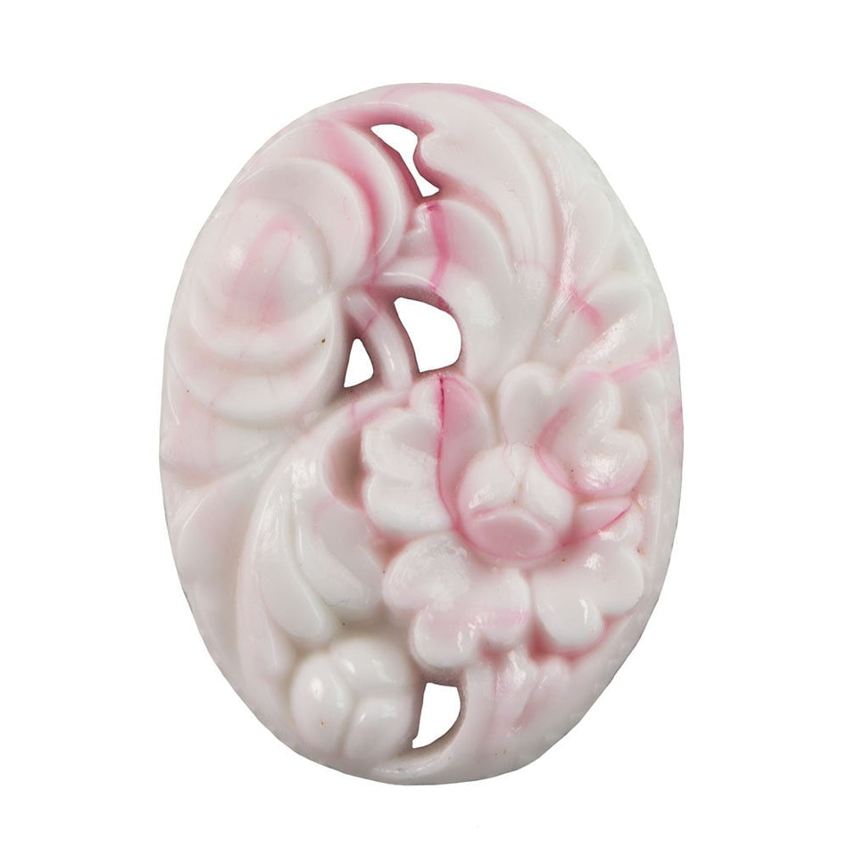 Vintage White Etched Floral Glass Cab Pink Swirls Japan 40x30mm (1) cab6052AA