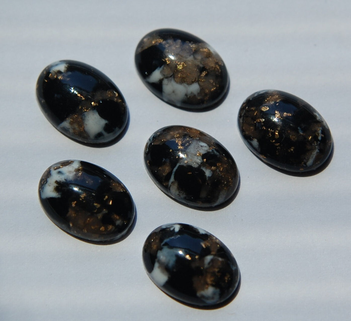 Vintage Acrylic Black White Gold Cabochons 14x10mm cab676
