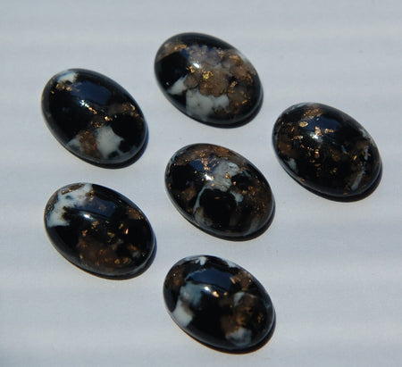 Vintage Acrylic Black White Gold Cabochons 14x10mm cab676