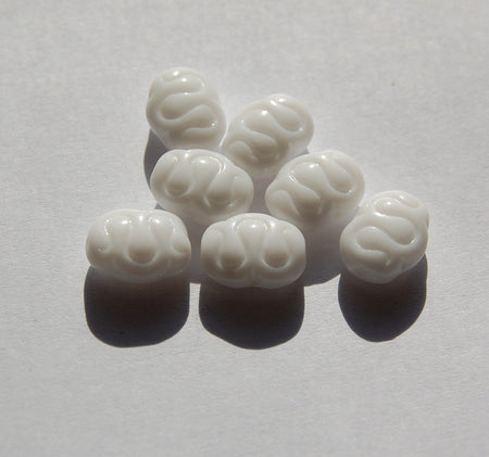 Vintage German White Oval Glass Beads With Etched Line grm039