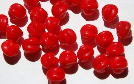Vintage Opaque Red German Glass Ribbed Beads 12mm (6) grm014A