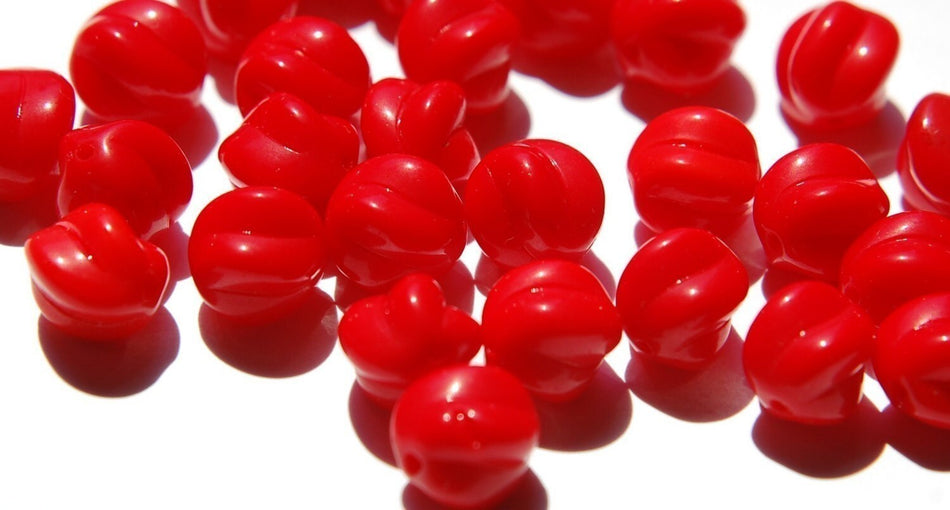 Vintage Opaque Red German Glass Ribbed Beads 12mm (6) grm014A