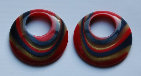 Vintage Red W/ Gold and Blue Swirled Lucite Hoops Pendants (2) hps089F