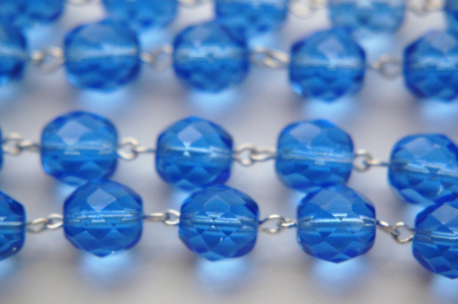 Czech Sapphire Blue Faceted Glass Beaded Chain Silver Links chn005A