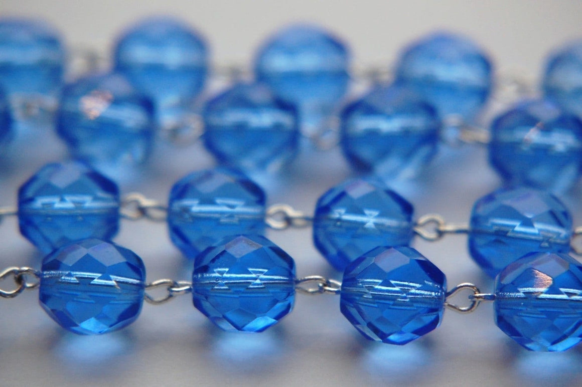 Czech Sapphire Blue Faceted Glass Beaded Chain Silver Links chn005A