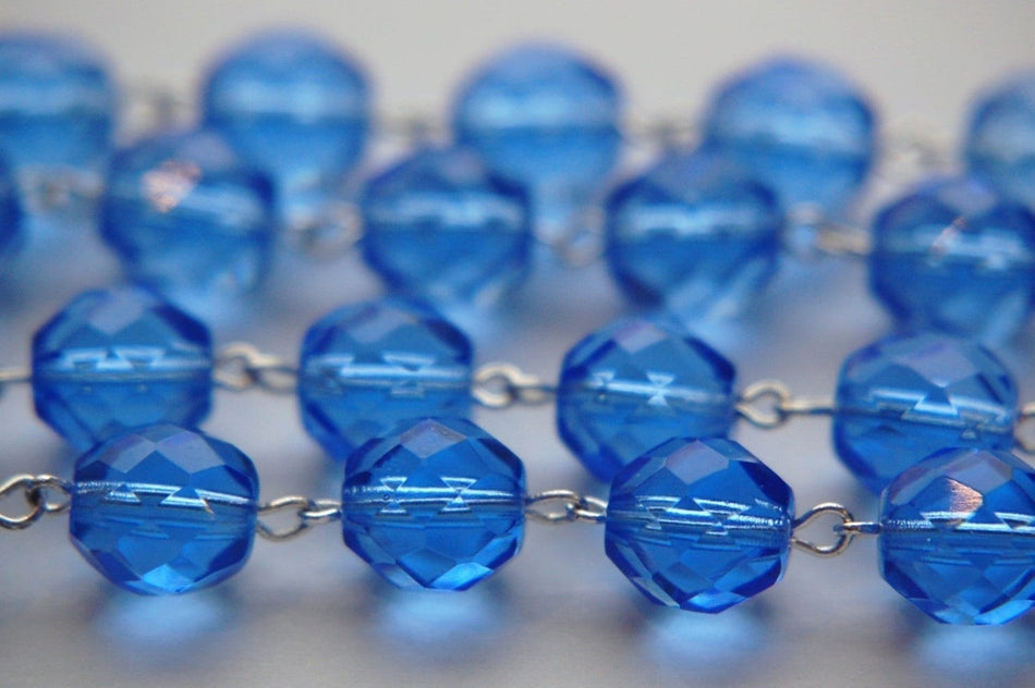 Czech Sapphire Blue Faceted Glass Beaded Chain Silver Links chn005A