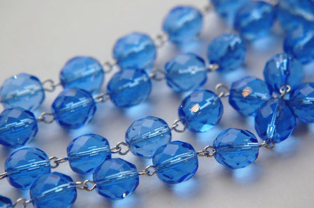 Czech Sapphire Blue Faceted Glass Beaded Chain Silver Links chn005A