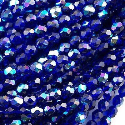 Czech Faceted Cobalt AB Firepolish Glass Beads 4mm (50)