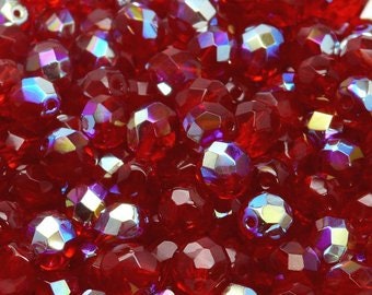 4mm Ruby AB Czech Firepolish Faceted Glass Beads (50)