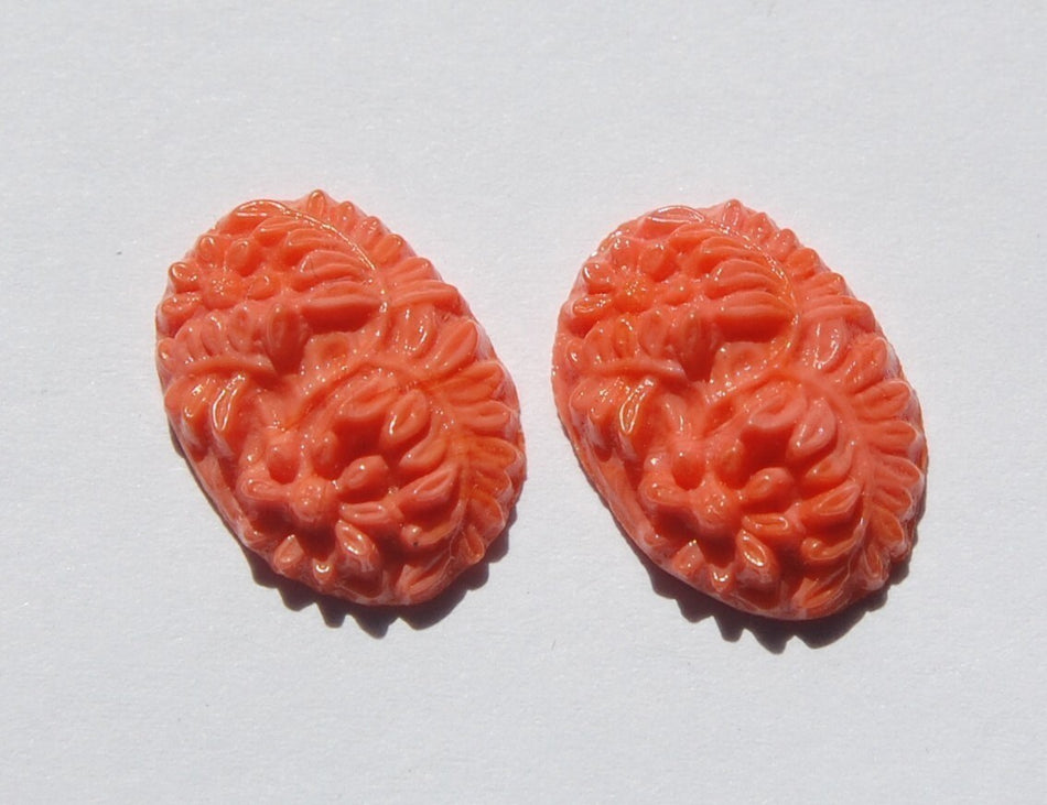 Vintage Coral Pressed Glass Floral Cabochon 18mm x 13mm cab138A