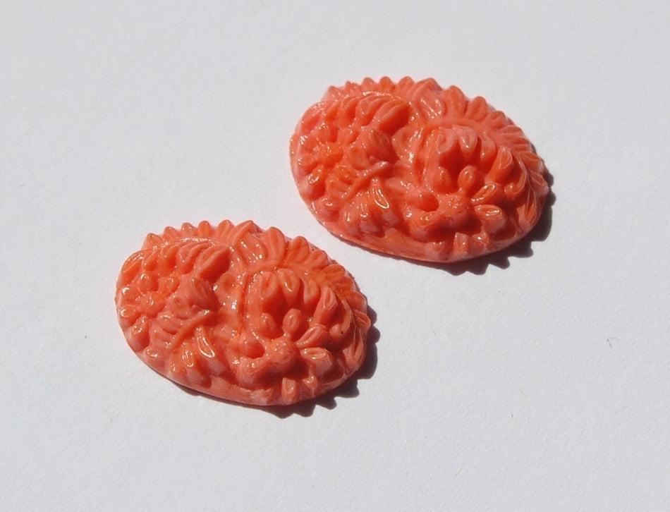 Vintage Coral Pressed Glass Floral Cabochon 18mm x 13mm cab138A