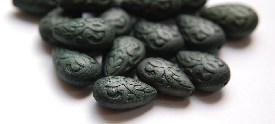 Vintage Style Antiqued Green Etched Tear Drop Beads 19mm (6) bds120G