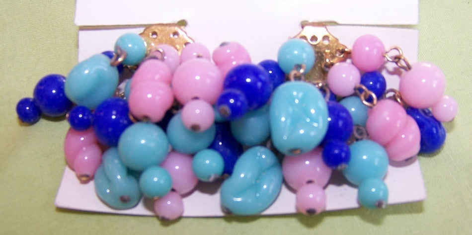 Vintage Pink and Blue Glass Drop Cluster Beaded Earrings bds060A