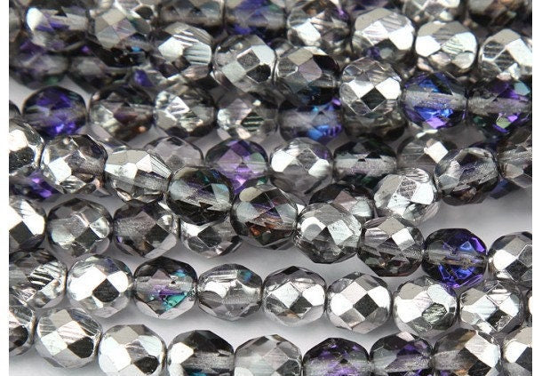 6mm Czech Faceted Blue Silver Crystal Firepolish Glass Beads (25)
