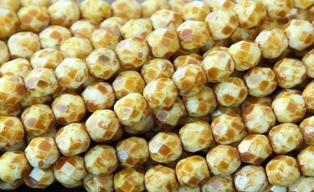 Czech Faceted Opaque White Picasso Firepolish Glass Beads 6mm (25)
