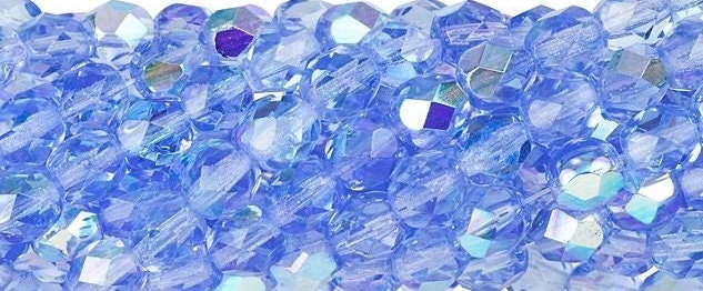 6mm Lt Sapphire AB Czech Firepolish Faceted Glass Beads (25)