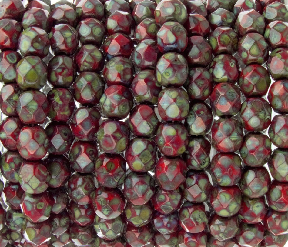 6mm Red Picasso Czech Firepolish Faceted Glass Beads (25)