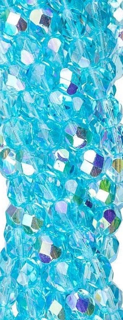 6mm Aquamarine AB Czech Firepolish Faceted Glass Beads (25)