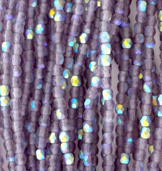 Czech Faceted Light Lavender AB Frosted Firepolish Glass Beads 4mm (50)