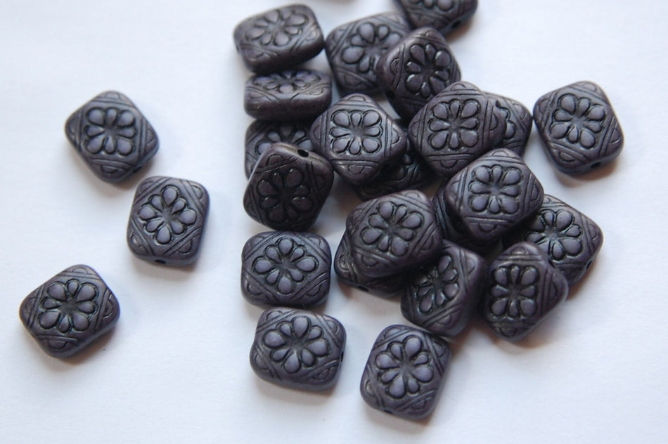 Antiqued Navy Blue Etched Floral Tablet Beads bds380K