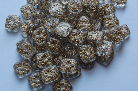 Crystal with Gold Etched Floral Acrylic Tablet Beads bds380L