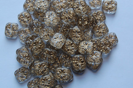 Crystal with Gold Etched Floral Acrylic Tablet Beads bds380L