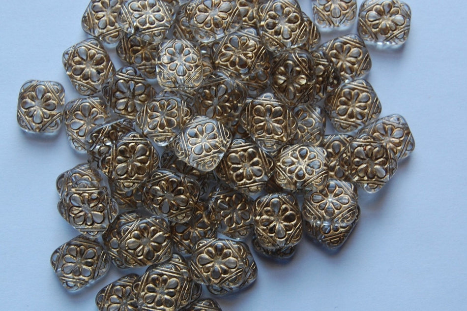 Crystal with Gold Etched Floral Acrylic Tablet Beads bds380L