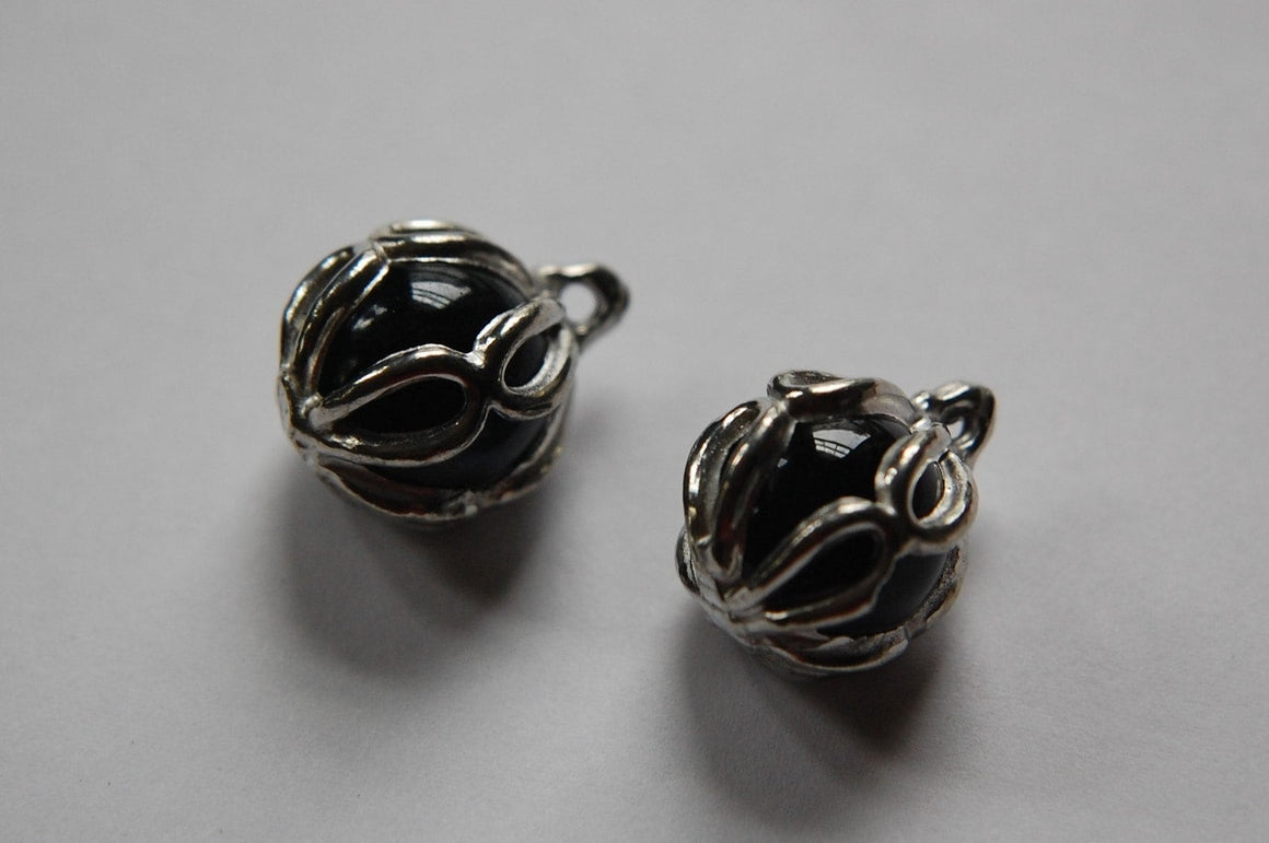 Rare Vintage Black Glass with Silver Tone Frame Drop Charm chr154A