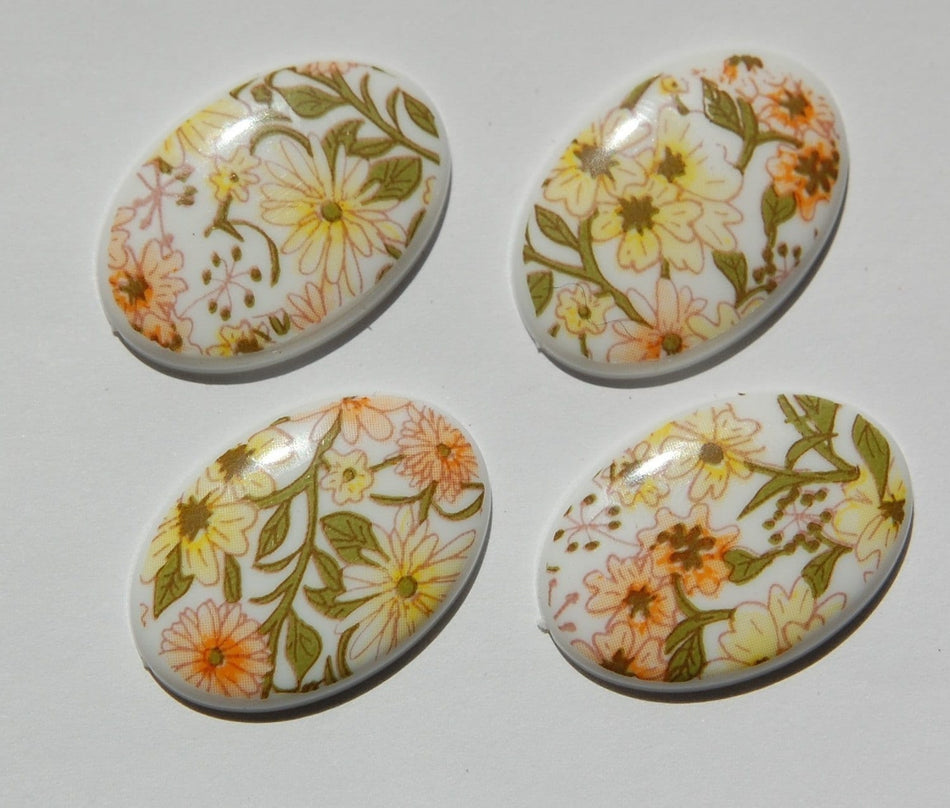 Vintage Yellow and Orange Floral Plastic Cabochon 25mm x 18mm cab009