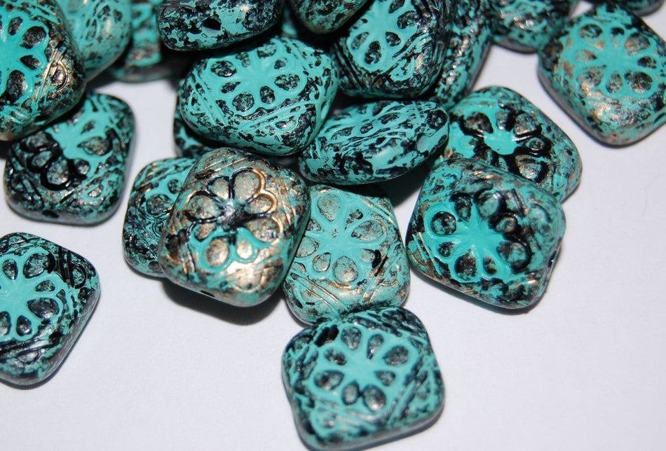 Vintage Style Verdigris Patina Etched Tablet Beads (10) bds380B