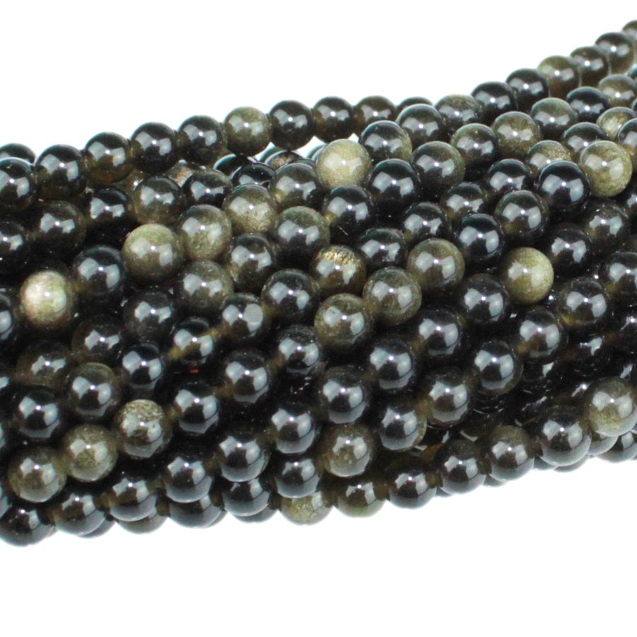 Dakota Stones Golden Obsidian 4mm Round Gemstones. 8" Strand. GOB4RD-8