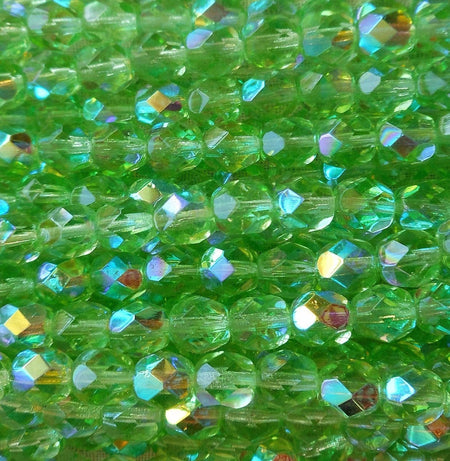 Czech Faceted Peridot AB Firepolish Glass Beads 6mm (25)