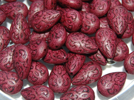 Vintage Style Red Etched Teardrop Tear Drop Beads (6) bds120C