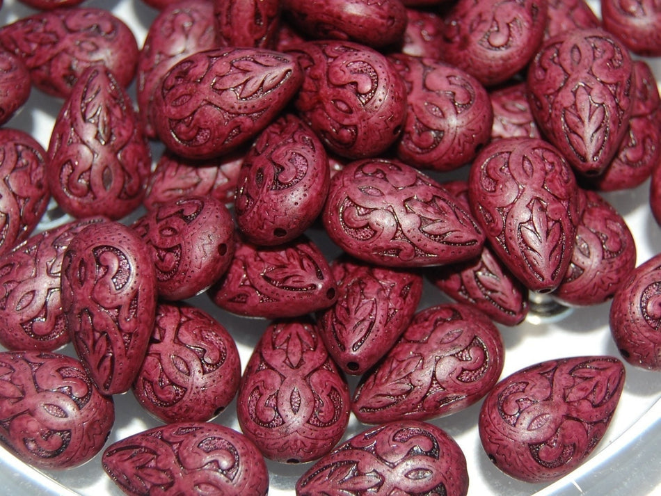 Vintage Style Red Etched Teardrop Tear Drop Beads (6) bds120C
