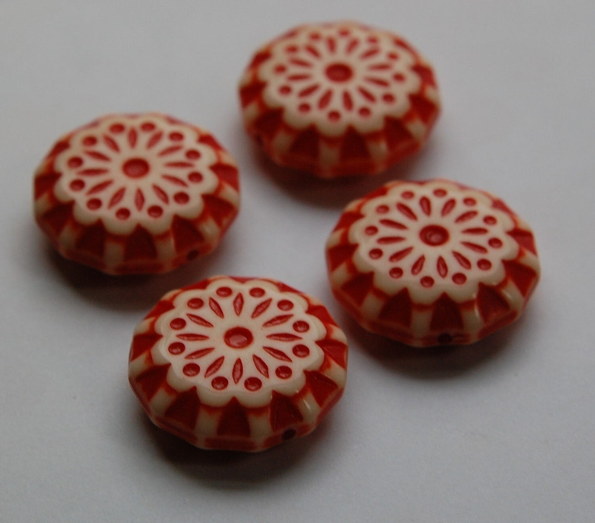 Vintage Red and Cream Etched Lace Flower Beads 28mm bds807E