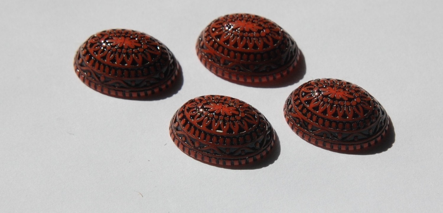Vintage Etched Mosaic Design Orange and Black Cabochons 18x13mm (6) cab714F