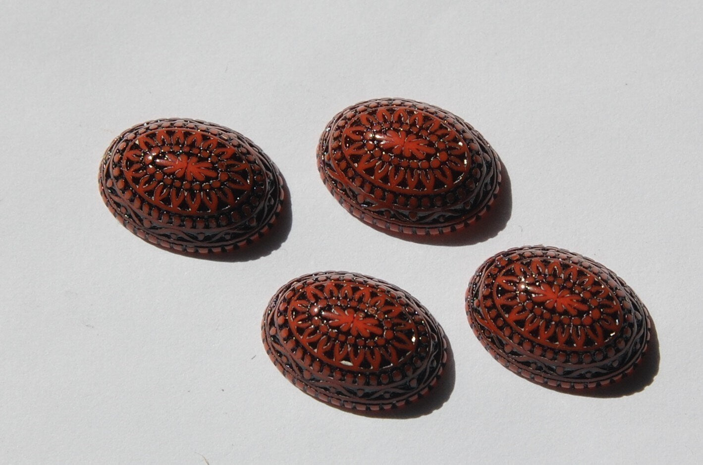 Vintage Etched Mosaic Design Orange and Black Cabochons 18x13mm (6) cab714F