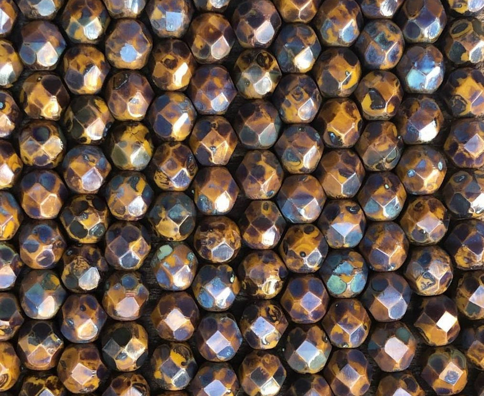 Czech Faceted Opaque Goldenrod Picasso Firepolish Glass Beads 6mm (25)
